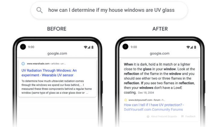 2 phones with Google's search results page, showing the difference between passage indexing and featured snippets