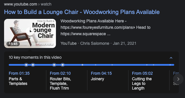 A screenshot of a YouTube video's key moments on the Google SERP.