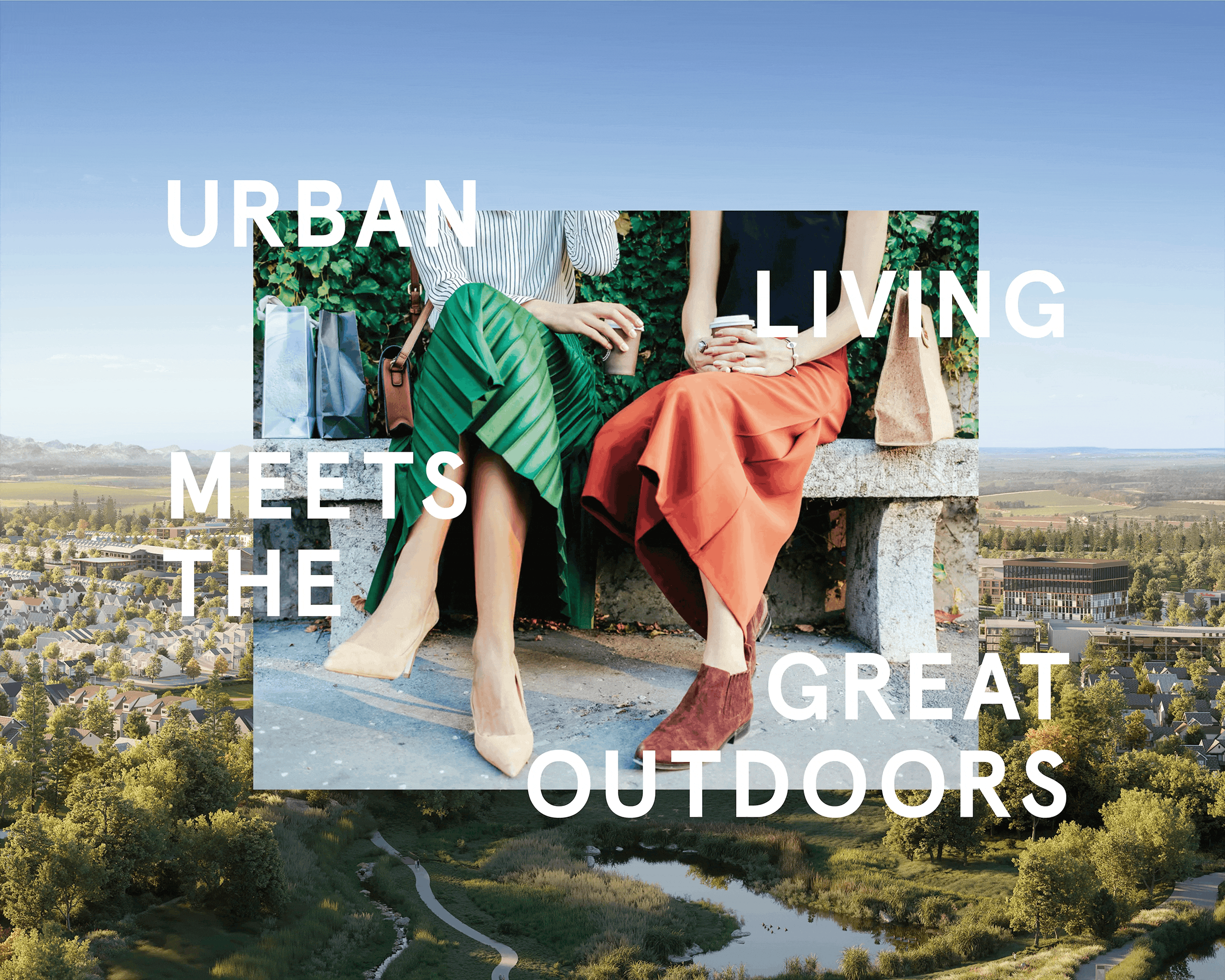 Two women sitting today on a park bench. Text overlaid on the image urban living meets the great outdoors.  
